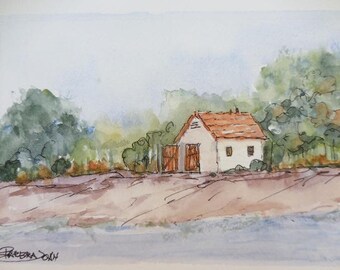 Watercolor, River cabin, original watercolor