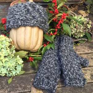 Slate Gray Chunky cable knit headband and fingerless gloves set