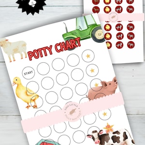 May include: A printable potty chart with farm animal illustrations, including a sheep, duck, pig, and cow. The chart has circles for tracking progress and a tractor graphic. Includes sticker sheet with farm animal stickers.