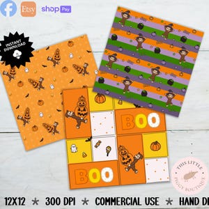 Pode incluir: Três folhas de papel digital com temas de Halloween, incluindo macacos, abóboras, fantasmas e doces de milho. Uma folha tem fundo laranja, outra tem listras roxas, laranjas e verdes, e a terceira é uma grade de retalhos com o texto BOO.