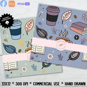 May include: Two digital papers with coffee cups, books, leaves, and coffee beans. One paper is light green, the other is blue. The text "THIS LITTLE PIGGY BOUTIQUE" is on a pink banner. The text "12X12 * 300 DPI * COMMERCIAL USE * HAND DRAWN" is at the bottom.