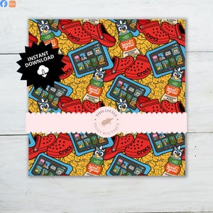 Könnte beinhalten: Ein farbenfrohes Muster mit roten Crocs, blauen Tablets mit Zeichentrickfiguren und Flaschen "good2grow" Saft auf gelbem Hintergrund. Das Design enthält den Text "INSTANT DOWNLOAD" und "THIS LITTLE PIGGY BOUTIQUE".