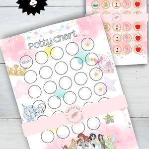May include: A printable potty chart with a princess theme. The chart features a pink and blue watercolor background, circles for tracking progress, and princess illustrations. Includes the text "Potty chart" and "Instant Download".