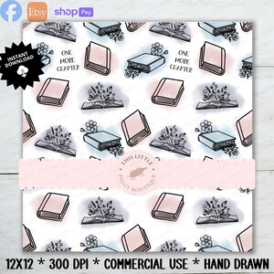May include: A white background with a repeating pattern of closed and open books, some with floral accents. The books are in shades of pink and blue. The text "ONE MORE CHAPTER" is also present.