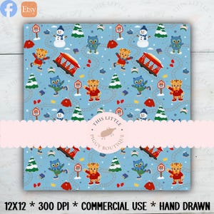 May include: A light blue digital paper pattern featuring repeating illustrations of a tiger character in a red sweater, an owl in a green scarf, a red trolley on tracks, snowmen, green pine trees, books, and trolley stop signs on a snowy background.