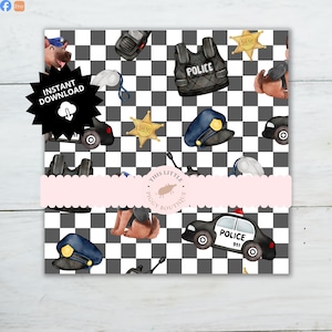 May include: A digital paper design with police-themed illustrations on a black and white chequered background. The design includes police cars, hats, badges, and vests. The words "Instant Download" are also visible.