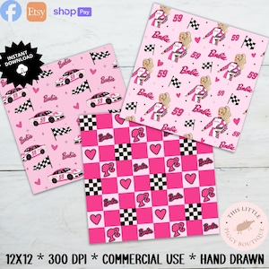 May include: Three digital pattern sheets featuring Barbie branding. One sheet shows race cars, checkered flags, and hearts on pink. Another displays Barbie in racing gear with flags and hearts. The third is a pink and white checkered grid.