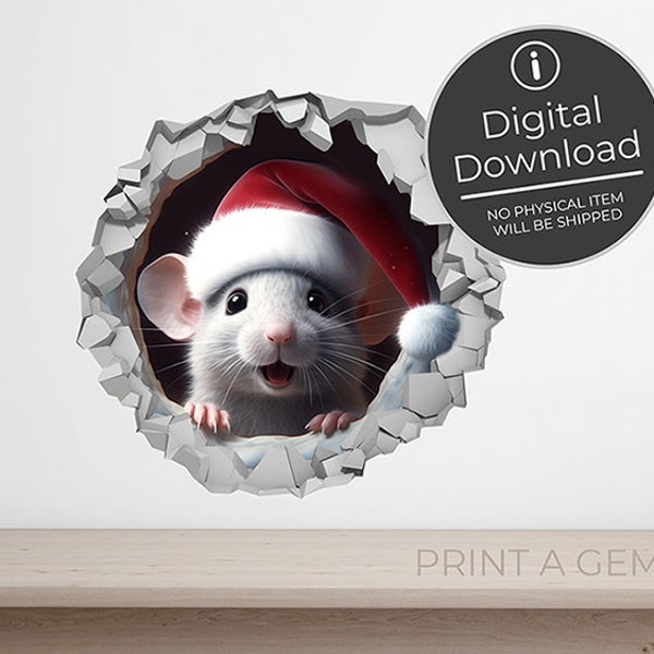 Santa mouse in hole sticker Instant download DIY Printable decal 3d mouse hole