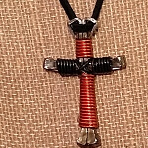 Harley bikers ride in faith with symbolic Disciple&#39;s Cross, Orange and black. Unique handmade  Personal gift. Free Ship always.