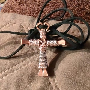Nail Cross necklace, Copper Nails Disciple's Cross©. Neckcord is real soft flat suede leather. Coppercoat Steel Nails, FreeShip. image 3