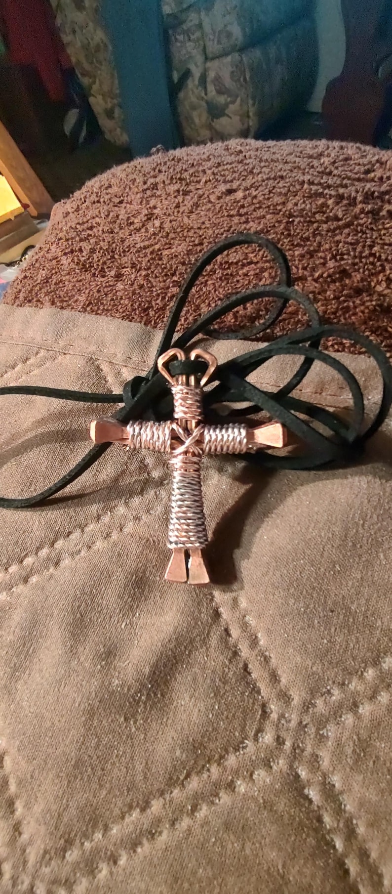 Nail Cross necklace, Copper Nails Disciple's Cross©. Neckcord is real soft flat suede leather. Coppercoat Steel Nails, FreeShip. image 3