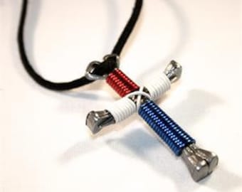 Patriotic USA Disciple's Cross,red-white-blue,totally handmade, real Suede Black neck-cord. Necklace or Set with Earrings.Free Ship,Gift Bag
