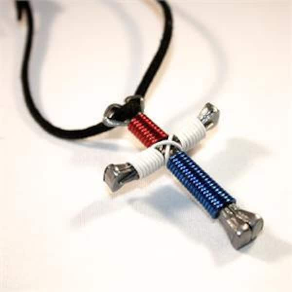 Patriotic USA Disciple's Cross,red-white-blue,totally handmade, real Suede Black neck-cord,necklace,Free Ship,  Gift Bag.