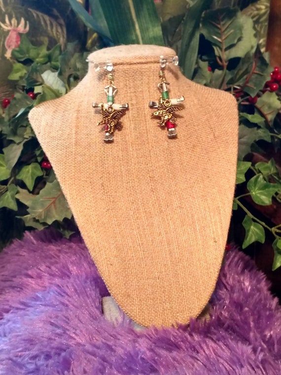 Mexican Homeland Earrings set, 'Golden Eagle' swings on cross,14K Gold filled ear wires, Red Swarovski Crystal. Free ship to USA.
