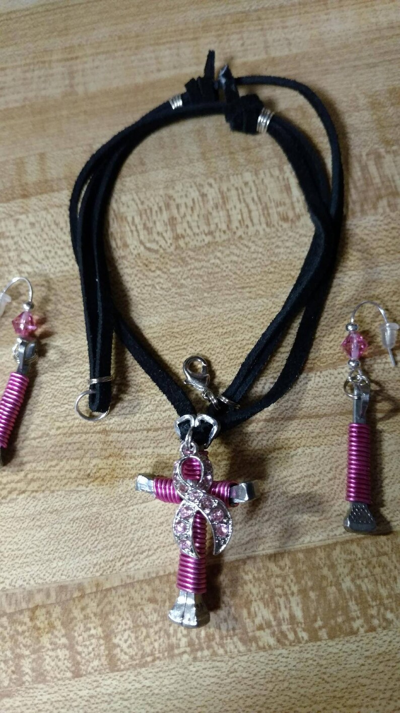 Free ship!! Matching earrings on a Black Suede neckcord Breast Cancer Disciple/'s Cross /& Pink Crystal BC ribbon charm