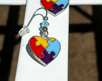 Autism Jewelry. Autism Love, Autism Awareness. Heart Charm Earrings, S.Steel ear wires, Swarovsky Crystals,Free ship & gift bag.