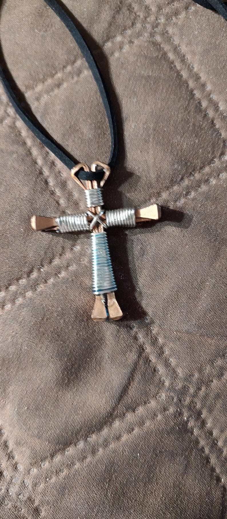 Nail Cross necklace, Copper Nails Disciple's Cross©. Neckcord is real soft flat suede leather. Coppercoat Steel Nails, FreeShip. image 7