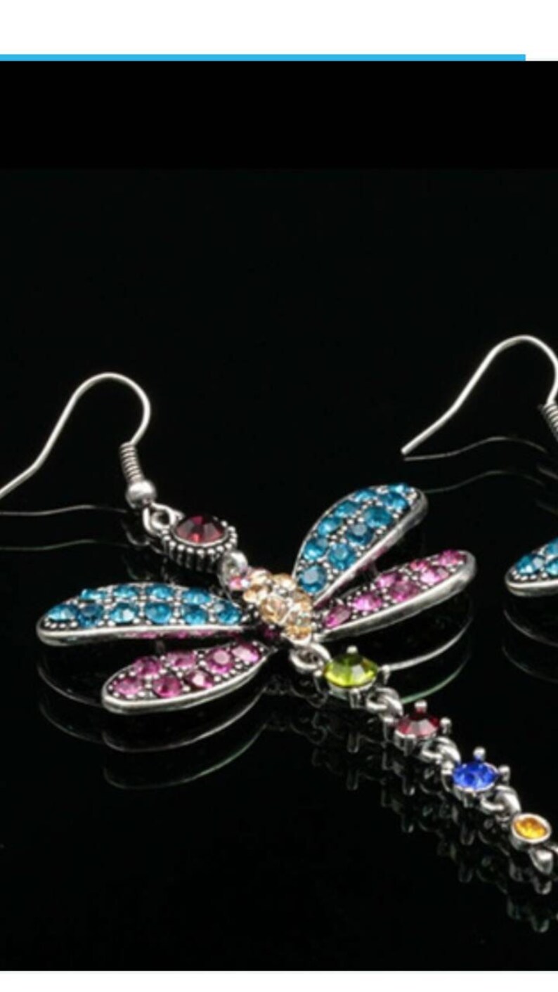 May include: A pair of silver dragonfly earrings with colorful rhinestones. The dragonflies have blue, pink, and green wings with a clear rhinestone body.