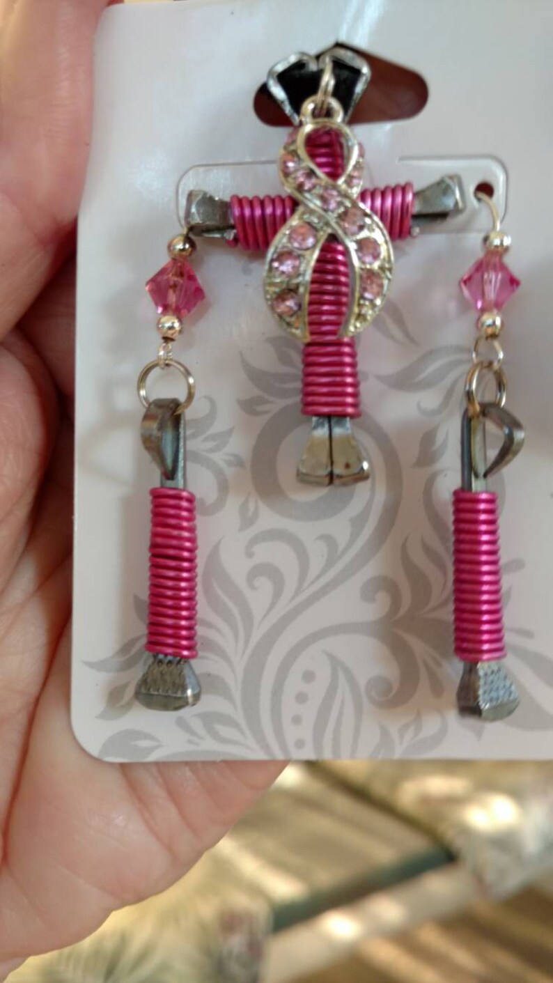 Free ship!! Matching earrings on a Black Suede neckcord Breast Cancer Disciple/'s Cross /& Pink Crystal BC ribbon charm