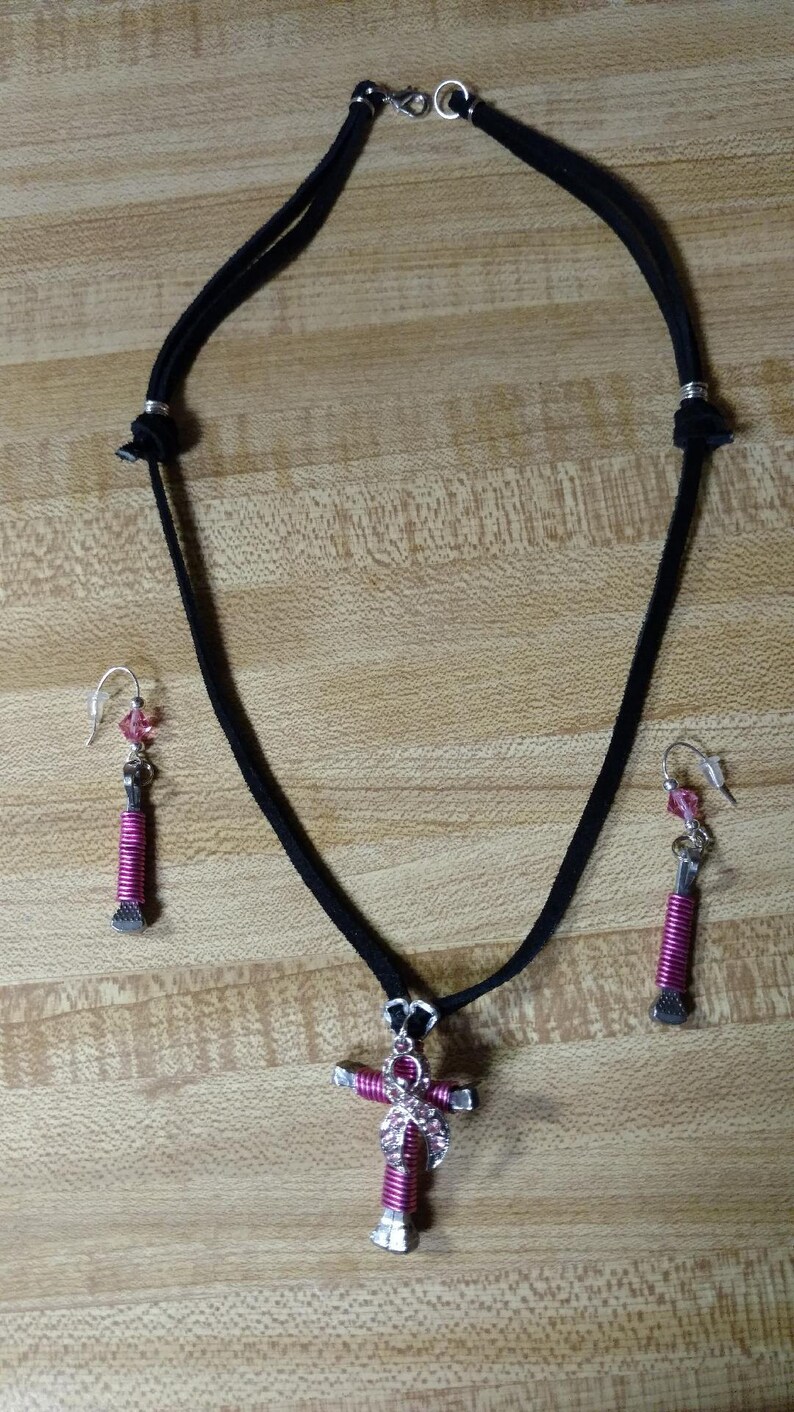 Free ship!! Matching earrings on a Black Suede neckcord Breast Cancer Disciple/'s Cross /& Pink Crystal BC ribbon charm