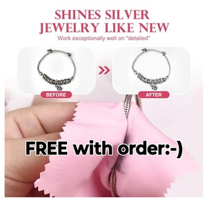 Puede incluir: Imagen de antes y despu&eacute;s que muestra una pulsera de plata que se limpia con un pa&ntilde;o de pulido. El texto dice "SHINES SILVER JEWELRY LIKE NEW" y "Work exceptionally well on "detailed"" y "FREE with order: -)"