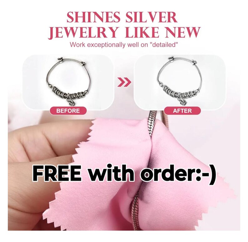 Puede incluir: Imagen de antes y despu&eacute;s que muestra una pulsera de plata que se limpia con un pa&ntilde;o de pulido. El texto dice "SHINES SILVER JEWELRY LIKE NEW" y "Work exceptionally well on "detailed"" y "FREE with order: -)"