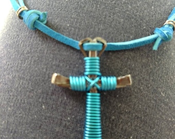 Disciple's Cross Turquoise  wire,matching suede cord, Free ship gift wrap, real suede leather, shiny Magnetic Clasp or Sliding Knot  close.