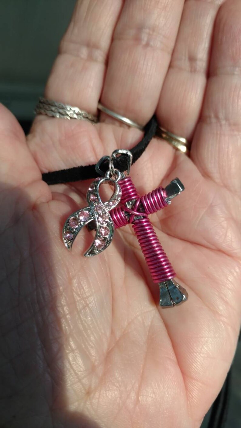 Free ship!! Matching earrings on a Black Suede neckcord Breast Cancer Disciple/'s Cross /& Pink Crystal BC ribbon charm