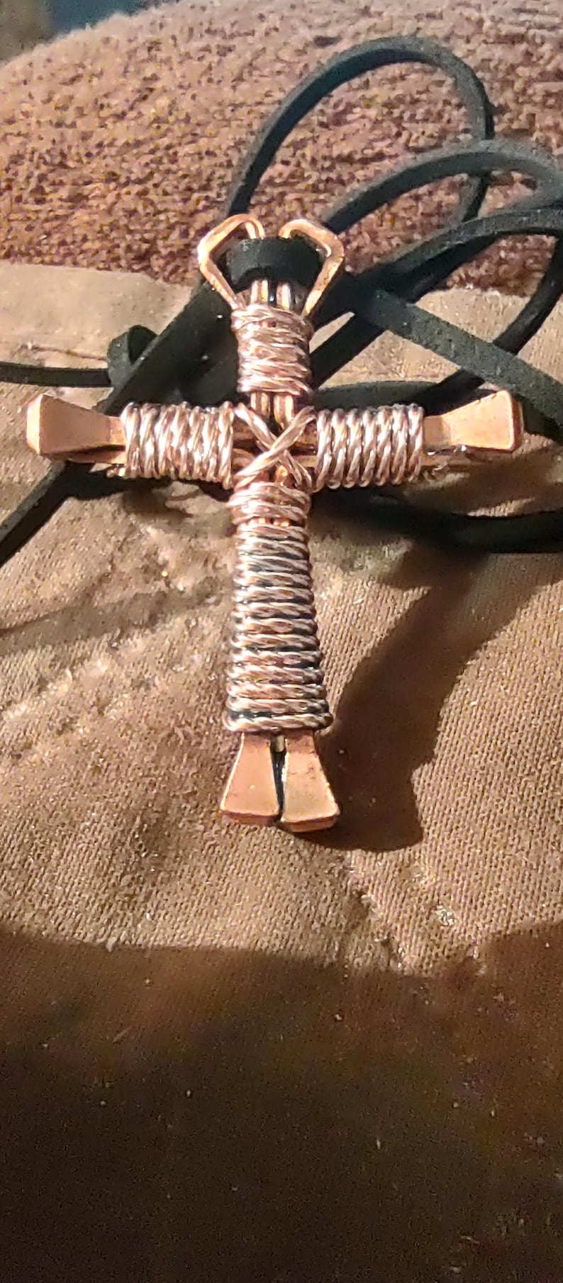 Nail Cross necklace, Copper Nails Disciple's Cross©. Neckcord is real soft flat suede leather. Coppercoat Steel Nails, FreeShip. image 4