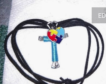 Autism Love  Support Heart Puzzle charm Necklace with Disciple's Cross,four color choice, strong safe Magnetic Clasp or Slide Knott's close
