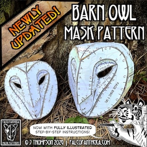 May include: Two white paper barn owl mask patterns with black printed assembly markings, letters, and labels. The text reads NEWLY UPDATED! BARN OWL MASK PATTERN and NOW WITH FULLY ILLUSTRATED STEP-BY-STEP INSTRUCTIONS, plus a logo for PALEO PANTHERA.