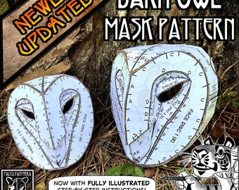 Pode incluir: Dois moldes de máscara de coruja-das-torres em papel branco com marcações de montagem, letras e etiquetas impressas a preto. O texto diz NEWLY UPDATED! BARN OWL MASK PATTERN e NOW WITH FULLY ILLUSTRATED STEP-BY-STEP INSTRUCTIONS, com um logótipo.