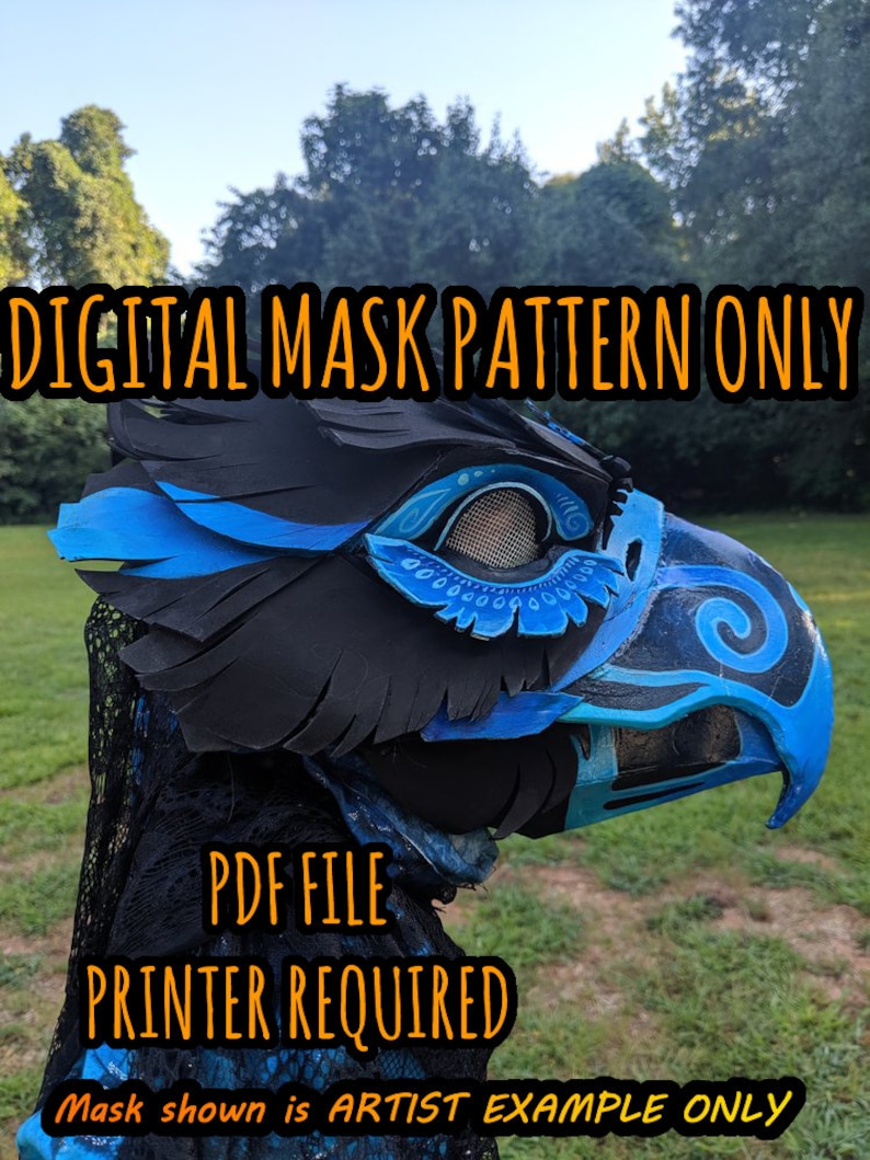 May include: A digital mask pattern for a blue and black bird mask. The pattern is a PDF file and requires a printer. The image shows an example of the finished mask.