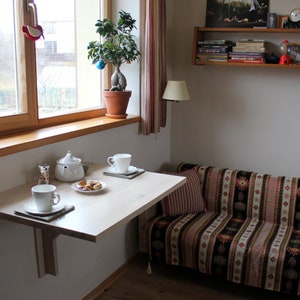 Wall-mounted drop leaf table in solid oak, folding wall table, Murphy desk, space saving furniture, - HANDMADE