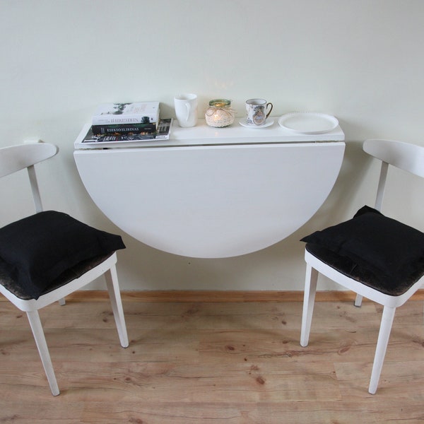White Murphy table in solid oak,  semicircular wall mounted folding wooden desk, Space saving, - HANDMADE