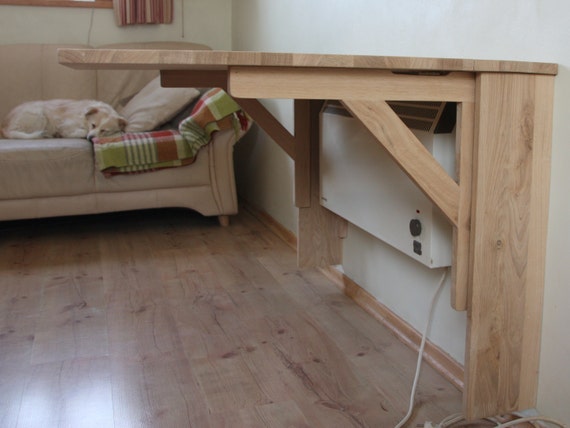 Wall Folding Table in Solid Oak Above a Radiator Wall Mounted Drop