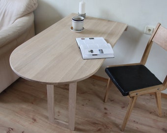 Halfronde Murphy tafel, Wandgemonteerde houten tafel in massief NATUURLIJK EIKEN, Wandopklapbaar bureau Eettafel, Cadeau voor ruimtebespaarders. HANDGEMAAKT.