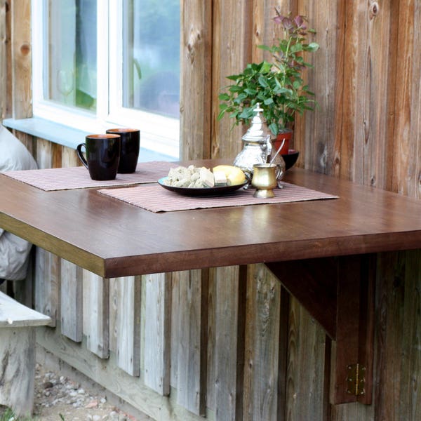 Dark wood Murphy desk, Wall mounted drop leaf table in solid oak, Space saving Dining table