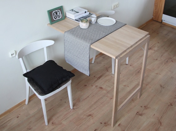 High Murphy Desk Wall Mounted Table in Solid NATURAL OAK Wooden