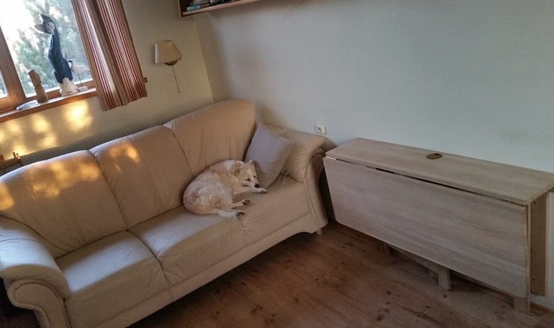 May include: A white dog is sleeping on a beige couch in a living room. A light wood folding table is against the wall to the right of the couch.
