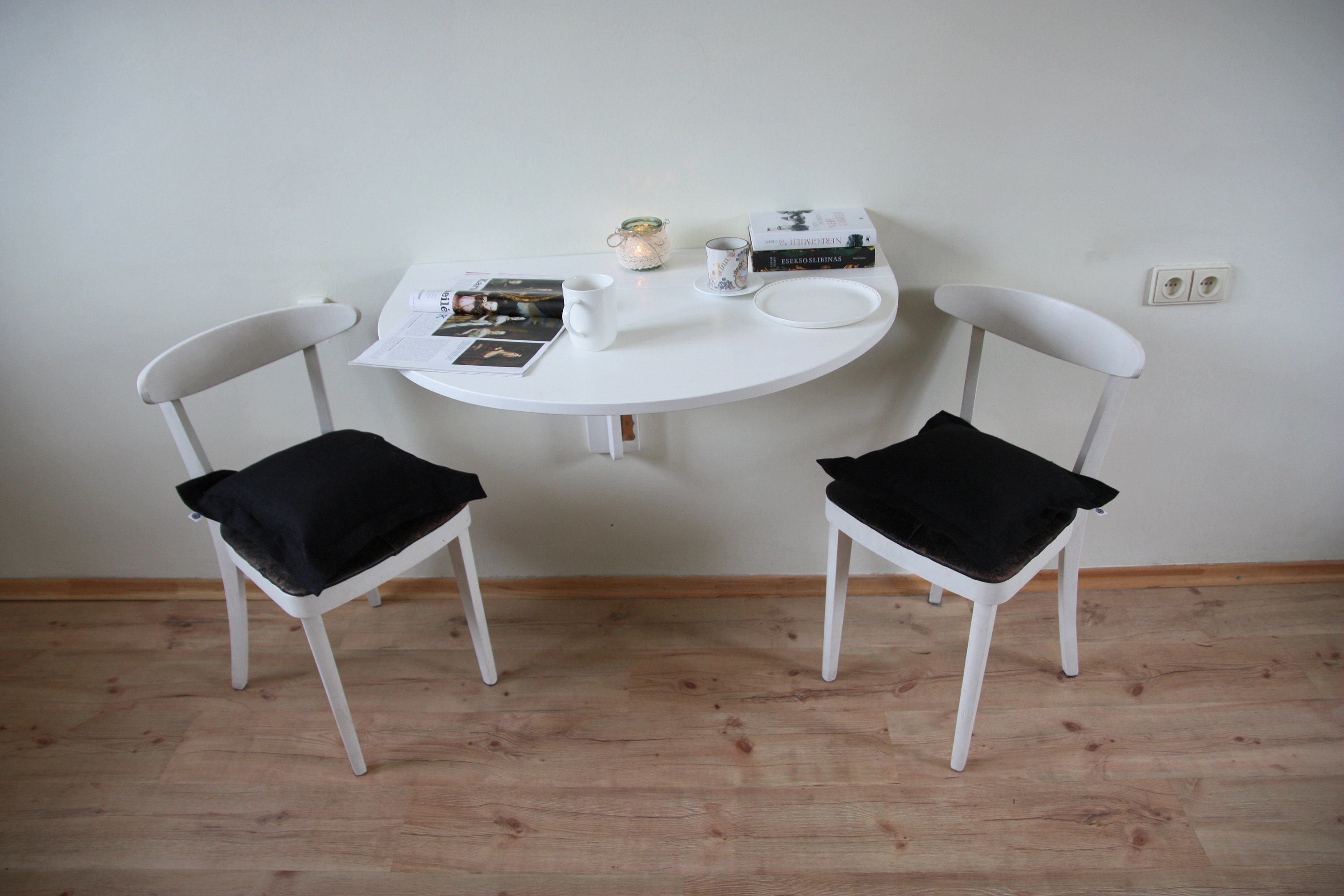 Wall Folding Table in Solid Oak Above a Radiator Wall Mounted Drop