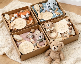 Custom Name Baby Shower Gift Box, Newborn Welcome Box Set, Personalized Crochet Rattle & Pacifier Clip, Handmade Baby Gift