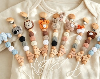 Personalized Crochet Pacifier Clip with Name, Custom Animal Design Binky Holder, Handmade Newborn Baby Shower Gift for Baby