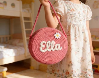 Personalized Boho Straw Round Crossbody Bag for Girls, Toddler Straw Handbag, Flower Girl Purse, Summer Beach Kids Bag, Birthday Gift