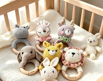 Sonajeros personalizados con nombre, juguetes Montessori de madera tallada, regalos personalizados para recién nacidos, recuerdos para fiestas de bebés.