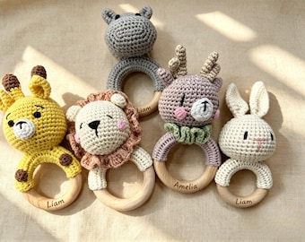 Personalized Wooden Baby Rattle, Custom Name Engraved Animal Rattle, Montessori Wood Toy, Baby Shower Gift, Unique Newborn Keepsake Gift