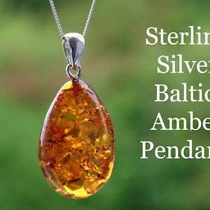 Quality Teardrop Amber Pendant / Baltic Amber Shaped Tear Drop Gems / Sterling Silver Amber Jewelry