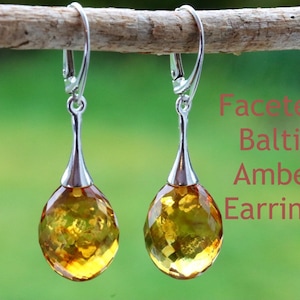 Sterling Silver Faceted Baltic Amber Drop Earrings – Natural Gemstone Earrings | One-of-a-Kind Chic Gift for Her