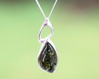 New Classic Silver and Green Amber Drop Pendant one Left / Gift Amber Gem Dainty 925 Silver Amber Gemstone Pendant Day Gift