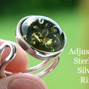 Adjustable Sterling Silver Green Amber Ring – Unique Baltic Amber Gemstone Jewelry - Statement Ring